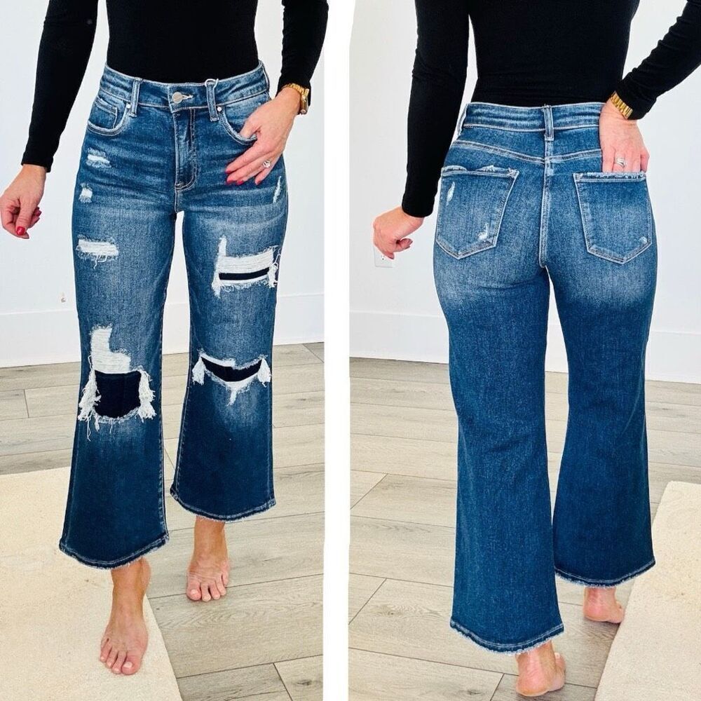 Risen High Rise Cropped Wide Leg Patch Detail Dark Wash Jeans Size 15/32 – NWT